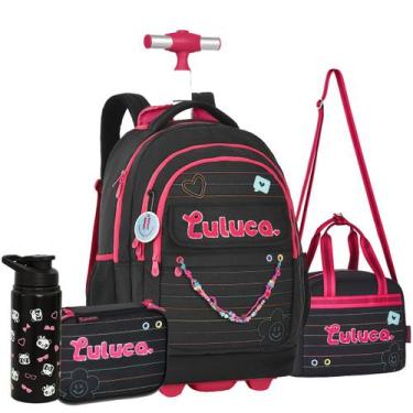 Imagem de Kit Mochila Rodinha Luluca Juvenil + Lancheira + Estojo Clio, Preto