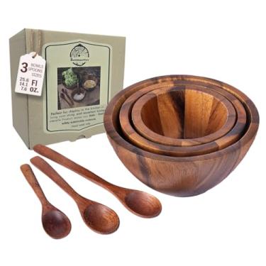 Imagem de Conjunto de tigelas de madeira de acácia empilhável com 3 colheres para servir salada, frutas, molho de molho, salsa, lanches, arroz, macarrão ou cereal, com diâmetro de 9,9 cm, 12,2 cm e 15 cm