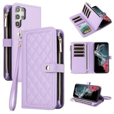 Imagem de Dswteny Capa carteira para Samsung Galaxy S24 Ultra 5G com alça de pulso flip zíper suporte suporte macio acessórios padrão Argyle capa de telefone para S24Ultra 24S S 24 24Ultra mulheres meninas roxo