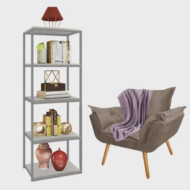 Imagem de Kit Poltrona Fatte com Manta Soft Lilás e Estante Livreiro Ferro Prata mdf Marmorizado Cinza Suede Bege - Ahz Móveis