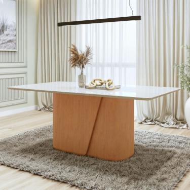 Imagem de Mesa de Jantar Retangular 78x170x90cm Tampo com Vidro Amêndoa Clean/Off White