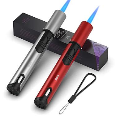 Imagem de JEVSTU Pacote Com 2 Isqueiros Maçarico Janela De Nível Combustível, Jato Fogo Ajustável, À Prova Vento, Longo, Para Grelha, Vela Cozinhar, Vermelho E Prata