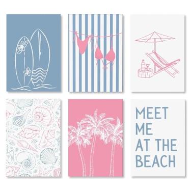Imagem de 6 peças de arte de parede costeira rosa azul impressões em tela pôster de biquíni preppy verão palmeira concha pintura arte arte praia imagem para quarto de meninas adolescentes dormitório banheiro