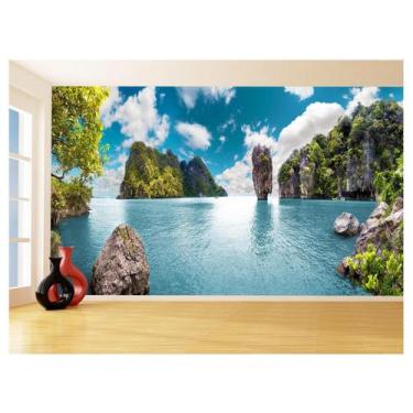 Imagem de Papel De Parede 3D Praia Mar Montanhas Céu Azul 3,5M Npr263 - Você Dec