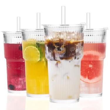 Imagem de GOSCHE Copos de vidro de 590 ml com tampas e canudos, copos de café gelado canelados, conjunto de copos de vidro espesso ideal para café, vitaminas, coquetéis e sucos, transparente, pacote com 4