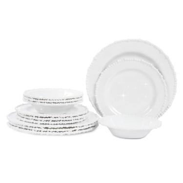 Imagem de Lechoo Conjunto de louça de melamina de pérola branca, conjunto de pratos de jantar de plástico com 12 peças, serviço para 4 pratos e tigelas de cozinha inquebráveis