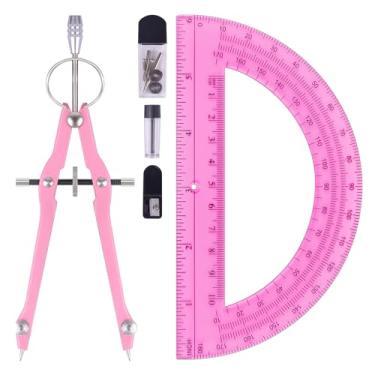 Imagem de Unjoo Conjunto de bússola e transferidor, ferramenta profissional de bússola de desenho, bússola de metal com refis extras, bússola para geometria e transferidores matemáticos de 15 cm 180 graus (rosa