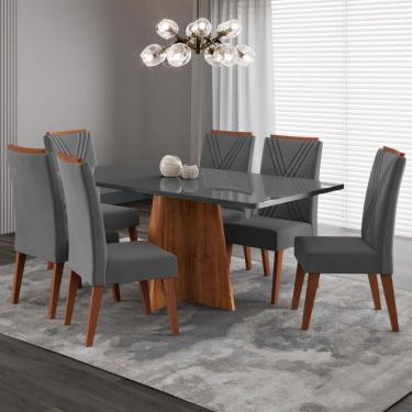 Imagem de Mesa de Jantar 6 Lugares Stilo com Vidro Marrom/Grafite/Veludo Cinza - Viero Móveis