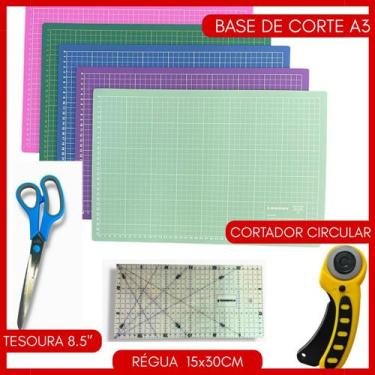 Imagem de Kit Base Corte A3 + Régua + Cortador + Tesoura Patchwork - BERTO IMPOR