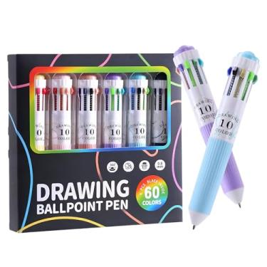 Imagem de Onejunbb 6 canetas esferográficas multicoloridas, canetas esferográficas coloridas 10 em 1, 60 cores, escrita suave de ponta fina de 0,8 mm, canetas esferográficas retráteis para escritório, escola