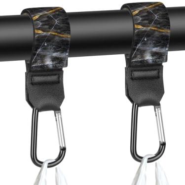 Imagem de Alças de carrinho de bebê, bolsas de fraldas com ganchos para mamãe, carrinho de compras universal, carteira, mochila – 2 pacotes (mármore preto)