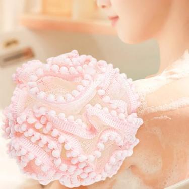 Imagem de Bola de esponja de bucha de banho, esfoliante corporal de espuma rica com alça para pendurar para mulheres e homens, pufe de banho esfoliante de secagem rápida para banho e viagem (rosa)