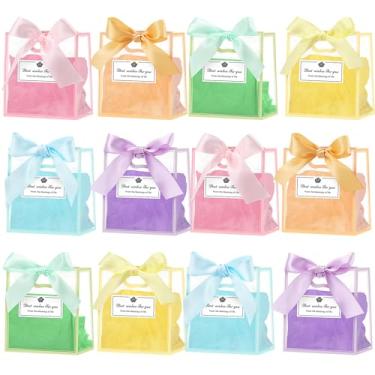 Imagem de Tenare Pacote com 12 sacos de presente de plástico transparente com alças saco reutilizável para lembrancinhas de festa com laço de fita de papel de seda para brindes, aniversário, casamento