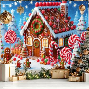 Imagem de HOMETITUTE Pano de fundo de Natal para casa de gengibre, 2,8 x 1,8 m, fundo de foto de Natal, cena da terra dos doces, faixa de Natal com árvores de neve, decoração de festa no país das maravilhas