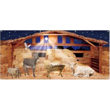 Imagem de Zliisang Pano de fundo de presépio de 35 x 1,8 m com palha, feno, vaca, ovelha, fazenda, presépio de Jesus, Hayloft, belém, celeiro de madeira, estábulo, decoração de festa