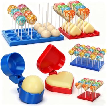 Imagem de Yiyiring Conjunto de prensa de moldes redondos e de coração com bandeja compatível com suporte de exibição, cortador e empurrador de bolo circular, acessórios de ferramentas de panificação para assar