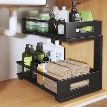 Imagem de Pacote com 1 organizador de pia de 43 cm de profundidade, organizador de armário de 2 camadas com trilho circular liso, gavetas deslizantes de malha metálica de grande capacidade para armazenamento de