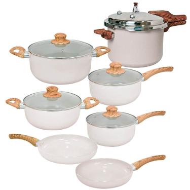 Imagem de Jogo de Panelas e Panela de Pressão de Indução Antiaderente Cerâmica Bege Cairo 6 peças - Hauskraft