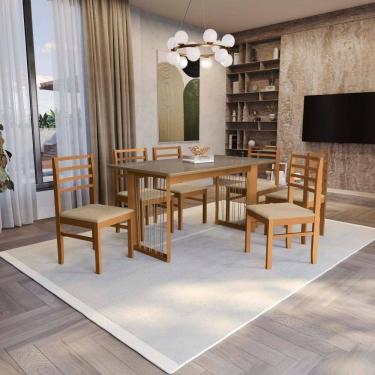 Imagem de Conjunto Sala De Jantar Elisa Em Madeira Maciça 6 Cadeiras Boucle Bege