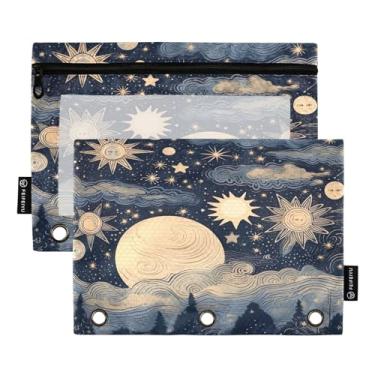 Imagem de Wassud Pastas de fichário estrelas e lua, pacote com 2, pastas de bolso com 3 furos, organizador de fichários para casa, escritório