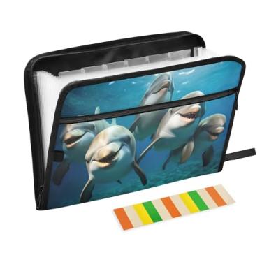 Imagem de Wassud Sorrindo Dolphins 13 bolsos organizador de arquivos sanfonado pastas de arquivos expansíveis com abas e adesivos, tamanho carta A4 papel recibo documento pasta organizador para viagem de