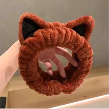 Imagem de Tiara de orelha de gato com desenho animado de pelúcia antiderrapante para lavagem do rosto, máscaras de cuidados com a pele, spa, maquiagem, banho e rotina diária, vinho