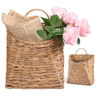 Imagem de Cesta de parede suspensa de tecido, organizador de parede de tecido de jacinto de água, cestas de vime, feitas à mão, armazenamento de flores, cesta de decoração boho para paredes, portas, frente de