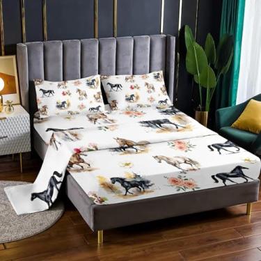 Imagem de AILONEN Jogo de lençol solteiro com cavalo galopante 3D, animal de fazenda, rústico, ocidental, 4 peças, 1 bolso profundo, 1 lençol de cima, 2 fronhas, macio