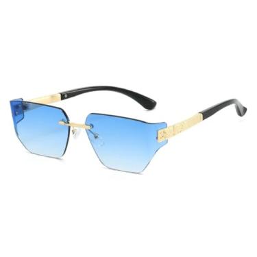 Imagem de HCHES Óculos de Sol Femininos de Luxo Sem Armação com Lentes Degradê, Estilo Retrô, Armação de Metal, Casuais e Masculinos, Proteção UV400 (Azul Dourado)