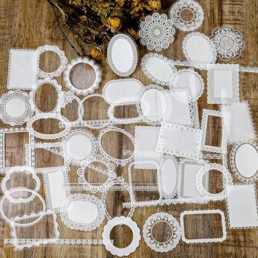 Imagem de 120 peças de suprimentos de scrapbook de renda, kit de adesivos de scrapbooking, adesivo de papelaria PET com recorte impermeável, adesivo decorativo de moldura transparente para convites de casamento