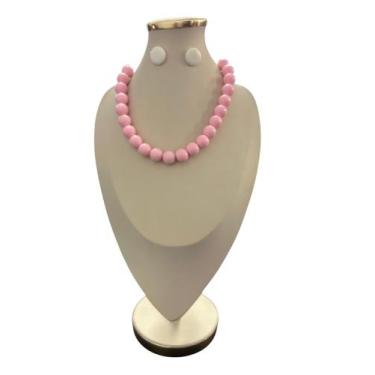 Imagem de Colar Feminino Kit Com Brinco 22 Bolas Em Resina - MLBpel, Rosa bebe