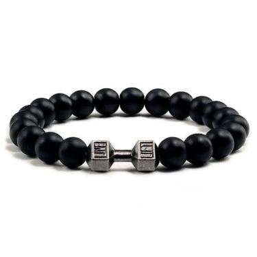 Imagem de Pulseira Halteres Bolinha Fosco Live Pedra Descolado Hippie -, Preto