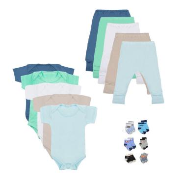 Imagem de Kit 16 Peças Body Bebê Manga Curta Calça Mijão e Meias Masculino