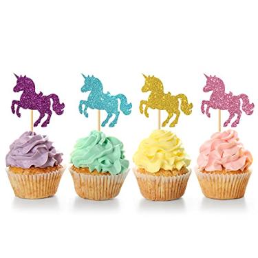 Imagem de MonMon & Craft Topos de cupcake de unicórnio, 24 peças, topos de cupcake de cavalo, chá de bebê, placa de aniversário de crianças, decoração de cupcake, quatro cores com glitter