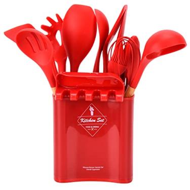Imagem de Utensílios de cozinha, utensílios de cozinha de silicone leve vermelho fácil de limpar com cabo de madeira para restaurante para cozinha para casa