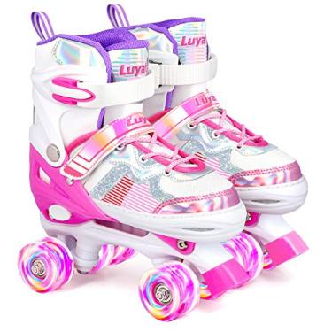 Imagem de Luyata Patins ajustáveis para meninas e meninos, 4 tamanhos para idades de 6 a 12 e 3 a 5 anos, patins infantis com 8 rodas brilhantes, patins brilhantes em 3 cores para crianças, meninos, meninas