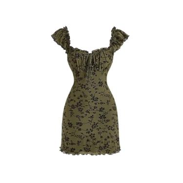 Imagem de Camisa Feminina Floral Print Ruched Bust Tie Front Ruffle Trim Dress (Color : Army Green, Size : CH)