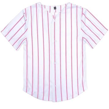 Imagem de babyhealthy Camiseta infantil de beisebol com botões e manga curta hipster hip hop camiseta meninos meninas, Listra branca/rosa, 14 Anos