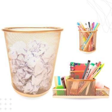 Imagem de Kit Organizador, Porta Caneta e Lixeira Escritório Dourado - Markys St