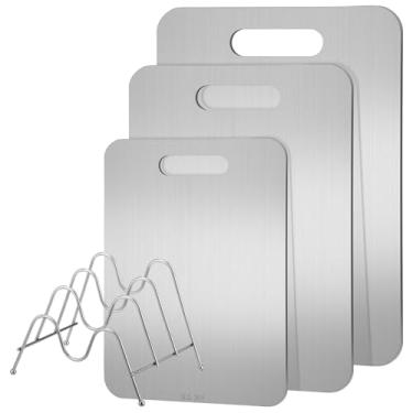 Imagem de Yaocom 3 tábuas de corte de aço inoxidável de 34 x 22,9 cm, 30,5 x 20,3 cm, 24 x 15 cm com suporte, tábua de corte de aço inoxidável 304 de dupla face, fácil limpeza para carne, frutas, legumes