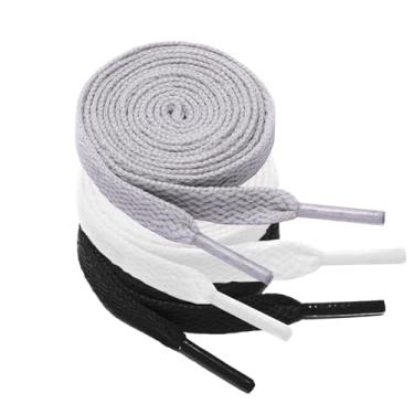 Imagem de Kotii 3 pares de cadarços planos para tênis, cadarços coloridos para botas de corrida atléticas, cordas para crianças e adultos, Cinza, branco, preto, 39inch(100cm)