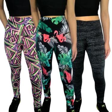 Imagem de Kit 3 Calças Femininas Legging Justas Cós Cintura Alta Estampas Sortid