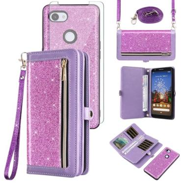 Imagem de Asuwish Capa de celular para Google Pixel 3a XL com zíper carteira de celular destacável com película de vidro temperado, alça com glitter, suporte para cartão Pixel3aXL Pixle 3aXL A3 Pixel3a LX