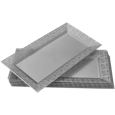Imagem de SILVER SPOONS Bandejas de plástico elegantes de renda (6 peças), bandejas e travessas de plástico descartáveis para festas - 35,5 cm x 19 cm, serve lanches, sobremesas, doces, perfeitas para