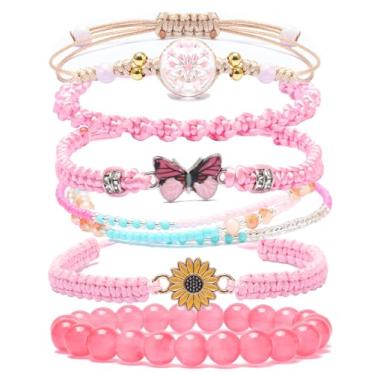 Imagem de DS Pulseiras de contas de corda para meninas adolescentes, delicadas e fofas, margaridas de borboleta, conjunto de flores eternas para mulheres, meninas, ajustável, pulseira de amizade, joias de