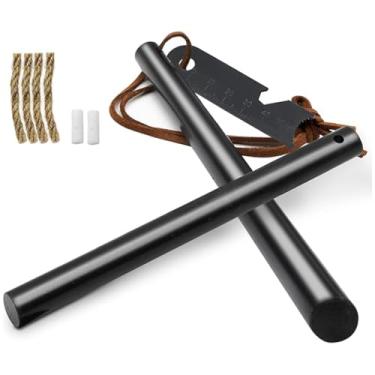 Imagem de BCHARYA Ferramenta de sobrevivência para acionador de fogo, kit de haste de ferro com cordão de pescoço de couro e multiferramentas, ignição de sobrevivência de pederneira e aço com corda e aba para