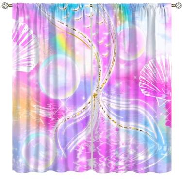 Imagem de Cortinas de cauda de sereia para meninas, desenho animado rosa mundo subaquático bolhas conchas douradas sereia princesa cauda cortinas de janela impressão para quarto de crianças, berçário, quartos