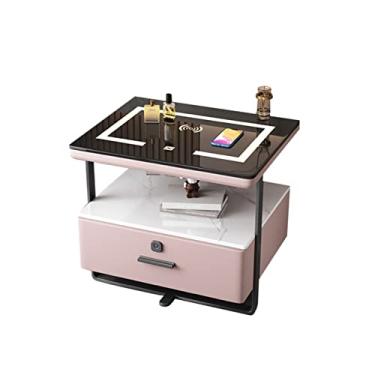 Imagem de Mesa de cabeceira inteligente, armário de cabeceira com gavetas, mesa lateral moderna, mesa de cabeceira branca com estação de carregamento, com portas USB, com 1 e luz LED (rosa)
