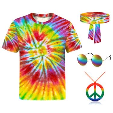 Imagem de Fantasia hippie para homens e mulheres, conjunto de roupa masculina dos anos 60 e 70, colorido, hippie, óculos de sol, faixa de cabeça, colar de paz, Tie Dye, 3G