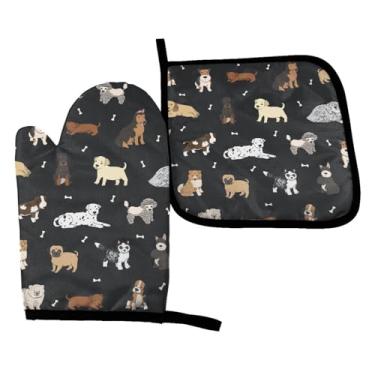 Imagem de Perinsto Conjunto de luvas de forno e suportes de panela para cachorrinhos, animais, preto, luvas de cozinha decorativas resistentes ao calor, luvas de forno de micro-ondas para assar, grelhar